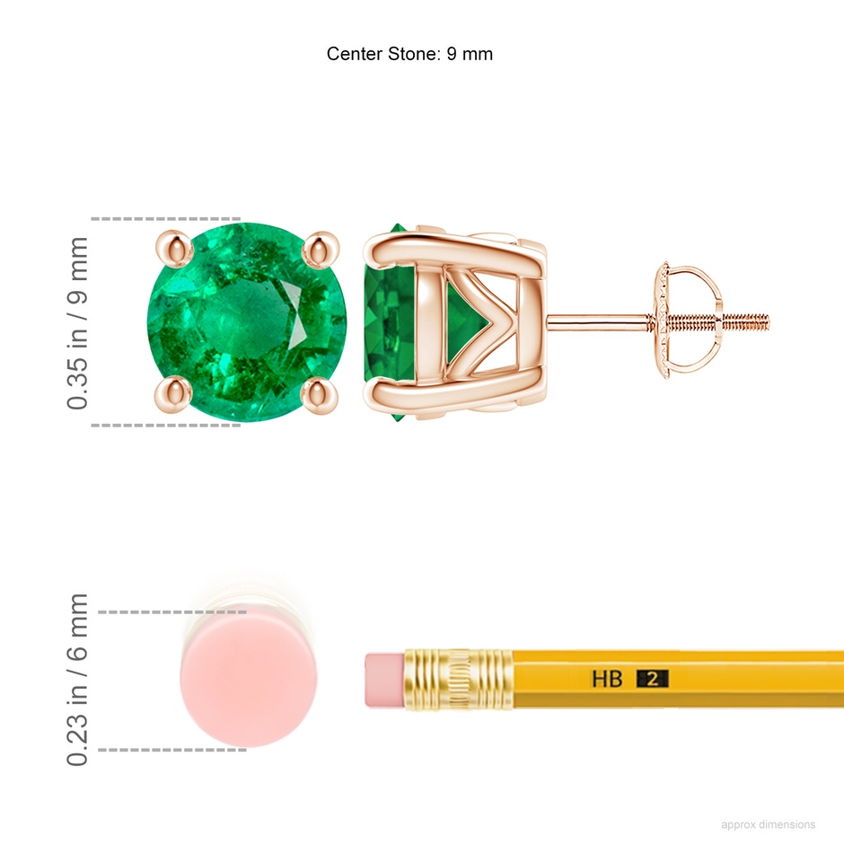 9mm AAA Vintage Style Round Emerald Solitaire Stud Earrings in Rose Gold ruler