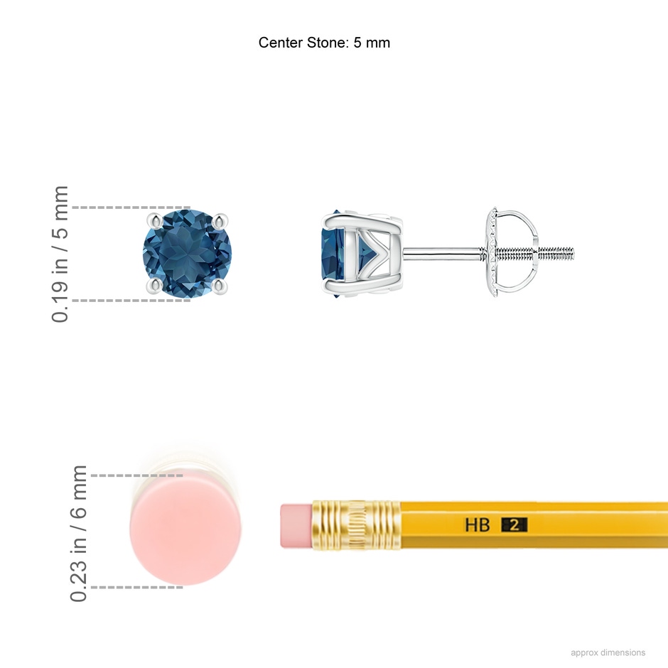 5mm AA Vintage Style Round London Blue Topaz Solitaire Stud Earrings in P950 Platinum ruler