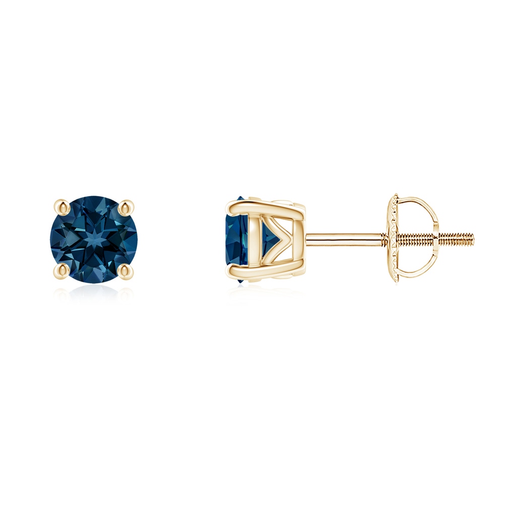 5mm AAAA Vintage Style Round London Blue Topaz Solitaire Stud Earrings in Yellow Gold