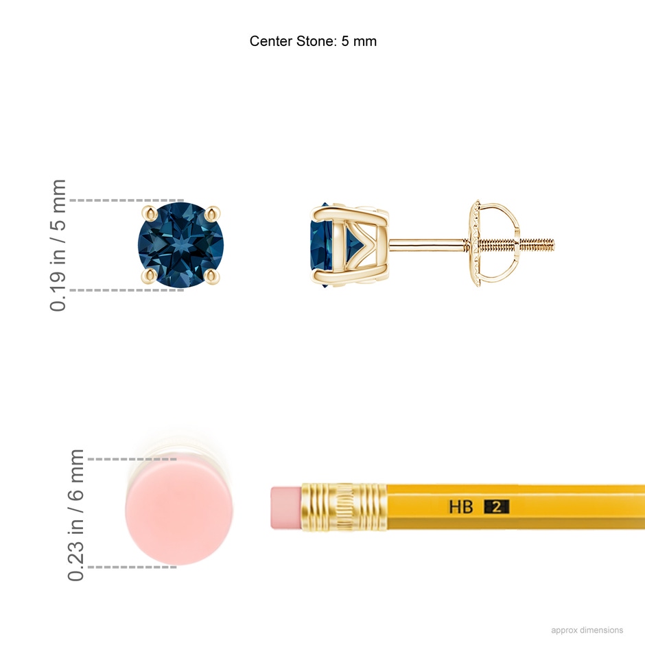 5mm AAAA Vintage Style Round London Blue Topaz Solitaire Stud Earrings in Yellow Gold ruler
