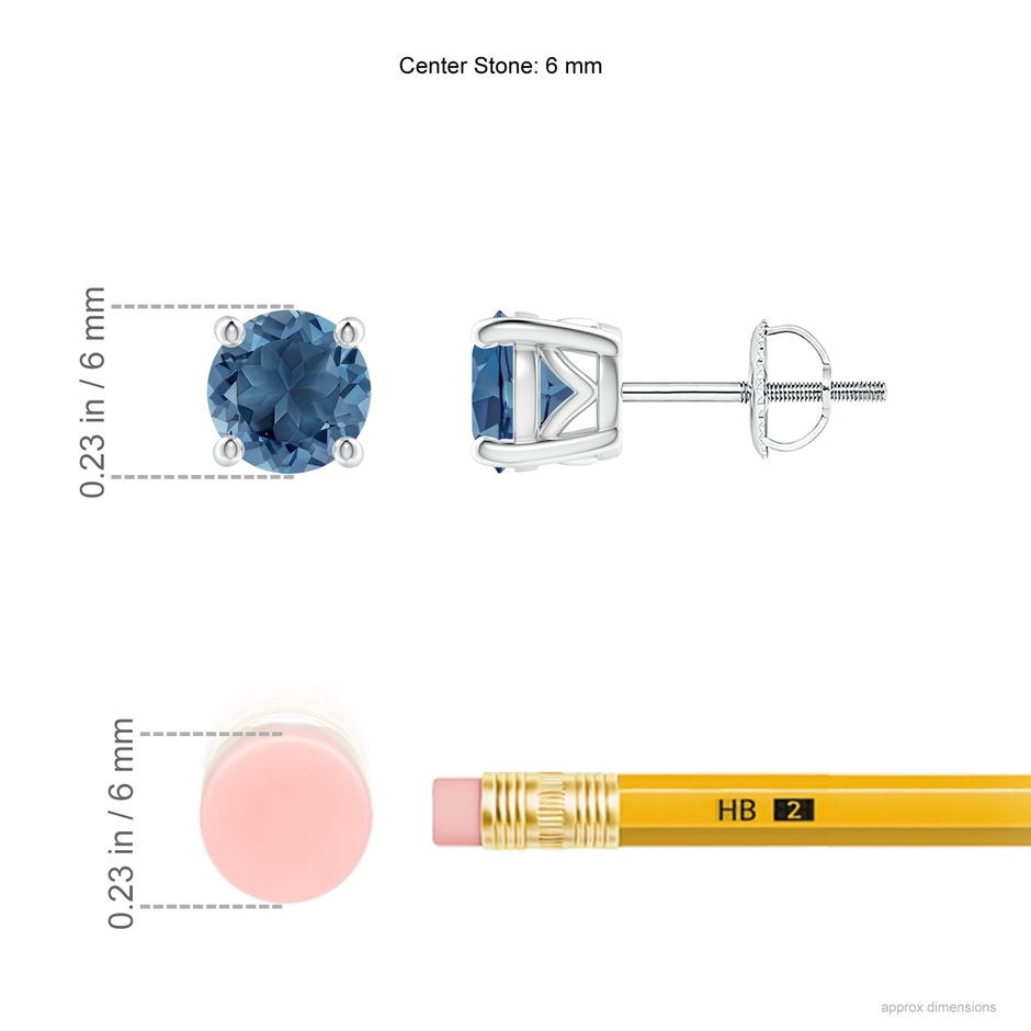 6mm A Vintage Style Round London Blue Topaz Solitaire Stud Earrings in White Gold ruler