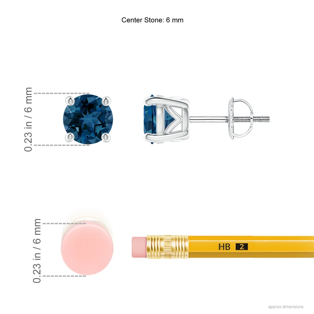 6mm AAA Vintage Style Round London Blue Topaz Solitaire Stud Earrings in White Gold - ruler