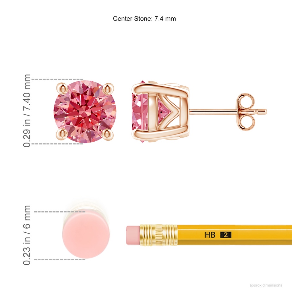 7.4mm AAAA Vintage Style Round Fancy Intense Pink Diamond Solitaire Stud Earrings in Rose Gold ruler