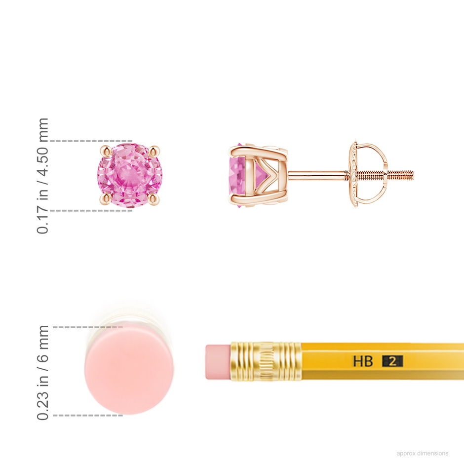 4.5mm A Vintage Style Round Pink Sapphire Solitaire Stud Earrings in Rose Gold ruler