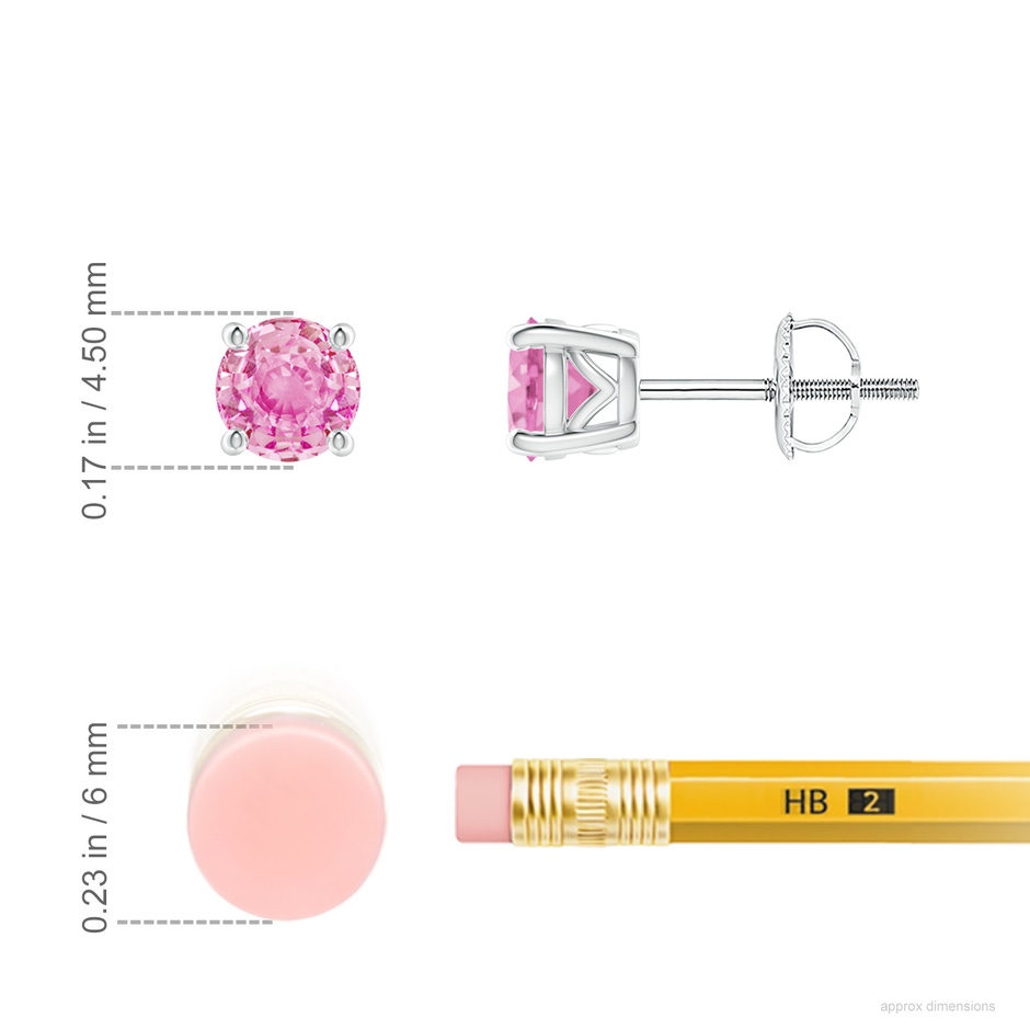 4.5mm A Vintage Style Round Pink Sapphire Solitaire Stud Earrings in White Gold ruler