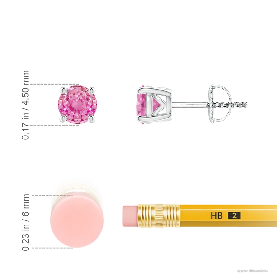 4.5mm AA Vintage Style Round Pink Sapphire Solitaire Stud Earrings in P950 Platinum ruler
