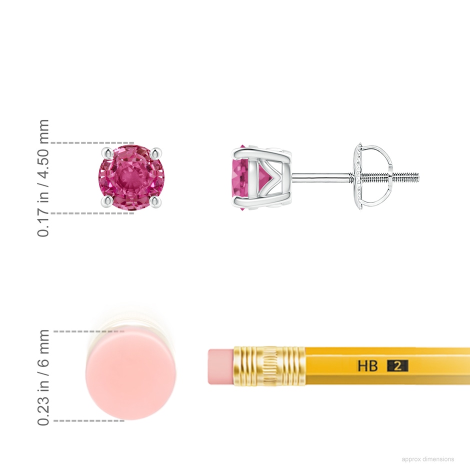 4.5mm AAAA Vintage Style Round Pink Sapphire Solitaire Stud Earrings in White Gold ruler