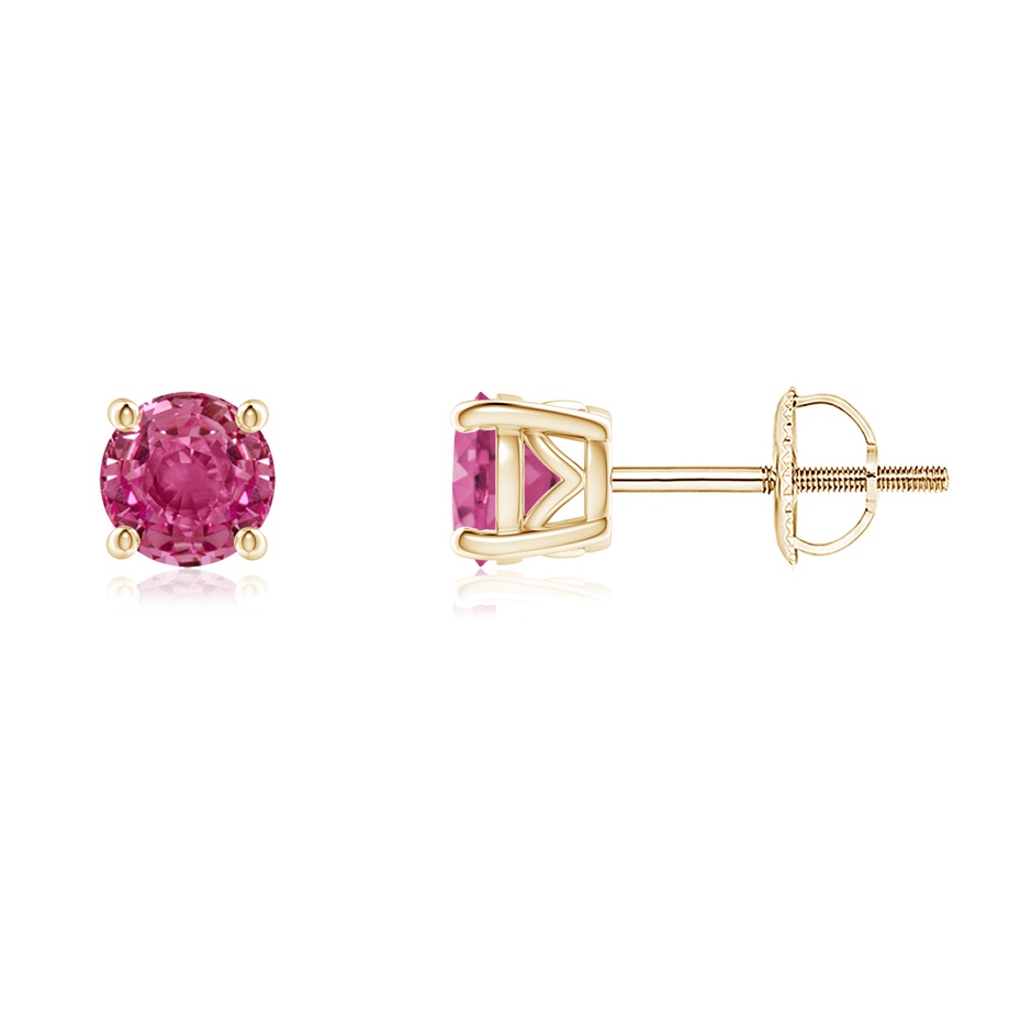 4.5mm AAAA Vintage Style Round Pink Sapphire Solitaire Stud Earrings in Yellow Gold 