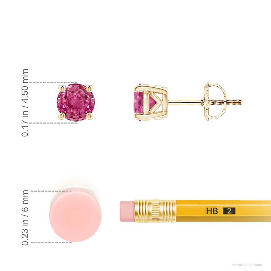 4.5mm AAAA Vintage Style Round Pink Sapphire Solitaire Stud Earrings in Yellow Gold ruler
