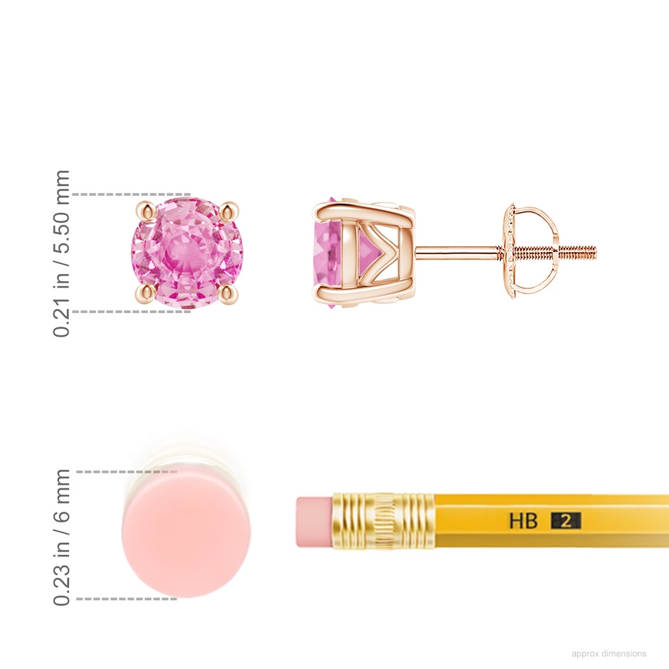 5.5mm A Vintage Style Round Pink Sapphire Solitaire Stud Earrings in Rose Gold ruler