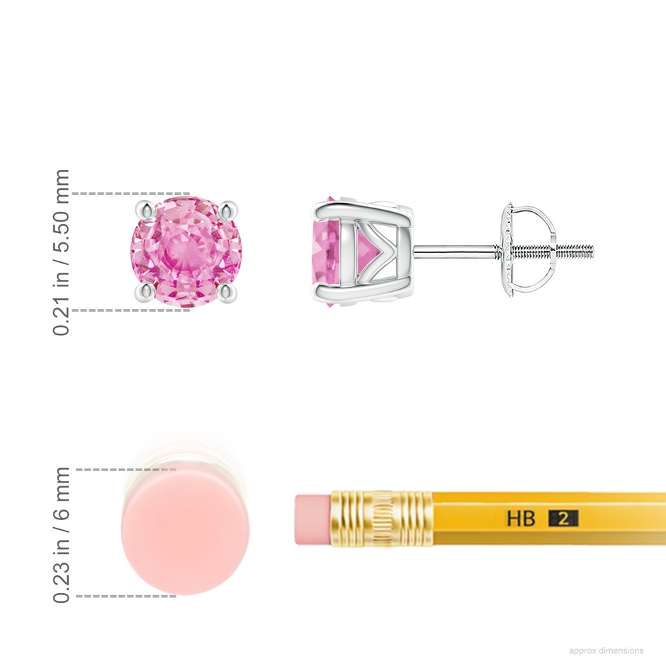 5.5mm A Vintage Style Round Pink Sapphire Solitaire Stud Earrings in White Gold ruler