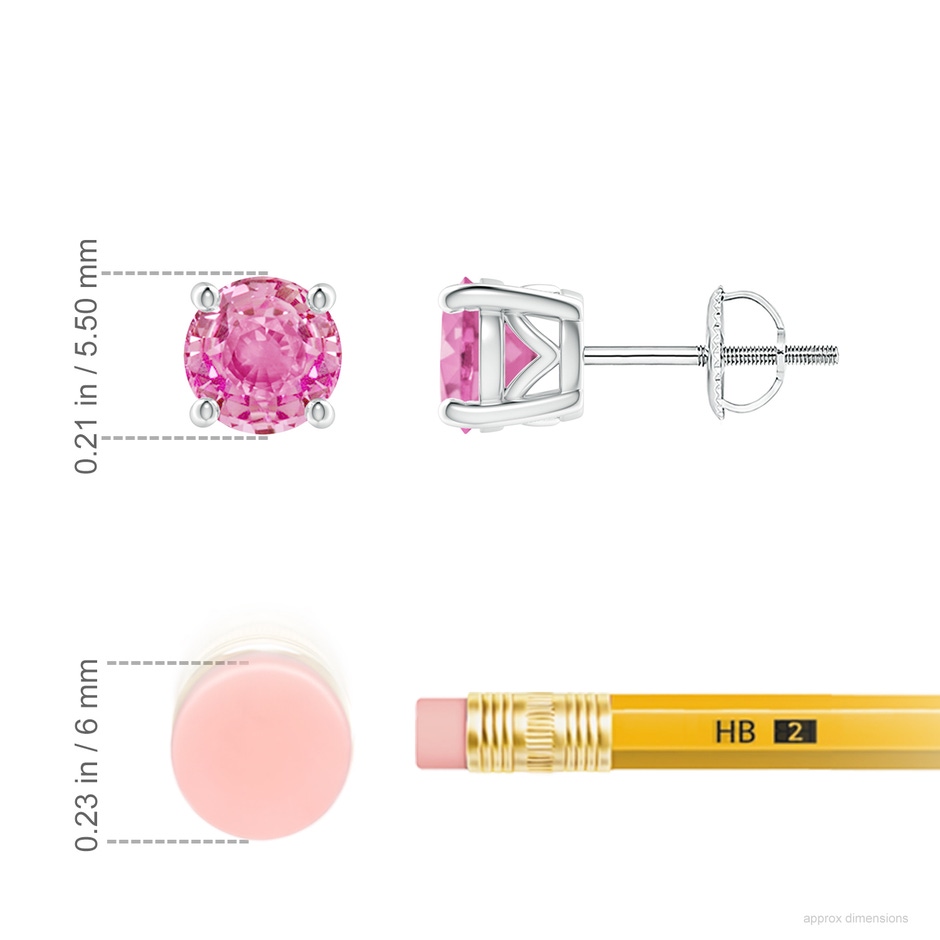 5.5mm AA Vintage Style Round Pink Sapphire Solitaire Stud Earrings in P950 Platinum ruler