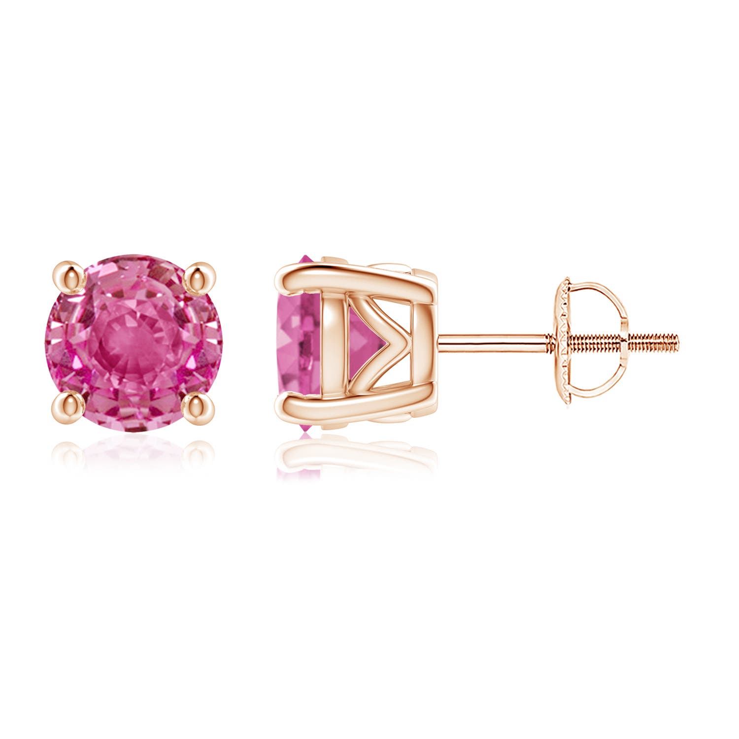 6.5mm AAA Vintage Style Round Pink Sapphire Solitaire Stud Earrings in 18K Rose Gold