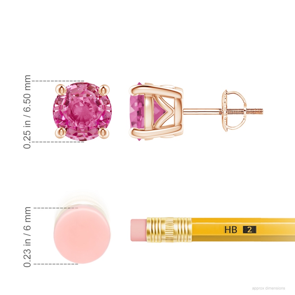 6.5mm AAA Vintage Style Round Pink Sapphire Solitaire Stud Earrings in Rose Gold ruler