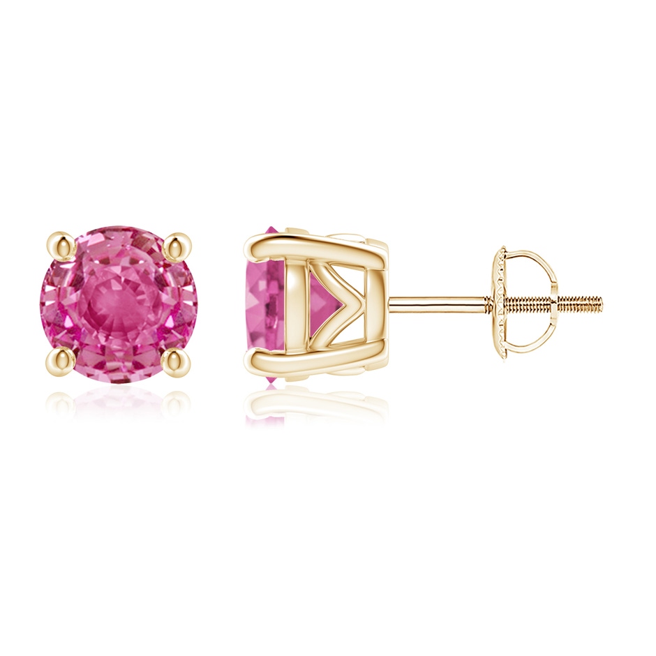 6.5mm AAA Vintage Style Round Pink Sapphire Solitaire Stud Earrings in Yellow Gold 