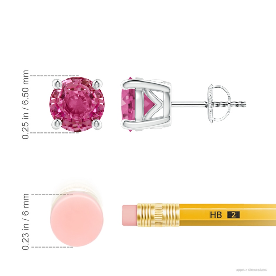 6.5mm AAAA Vintage Style Round Pink Sapphire Solitaire Stud Earrings in P950 Platinum ruler