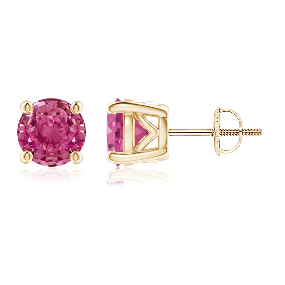 6.5mm AAAA Vintage Style Round Pink Sapphire Solitaire Stud Earrings in Yellow Gold 