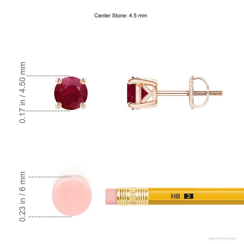 4.5mm A Vintage Style Round Ruby Solitaire Stud Earrings in 9K Rose Gold ruler