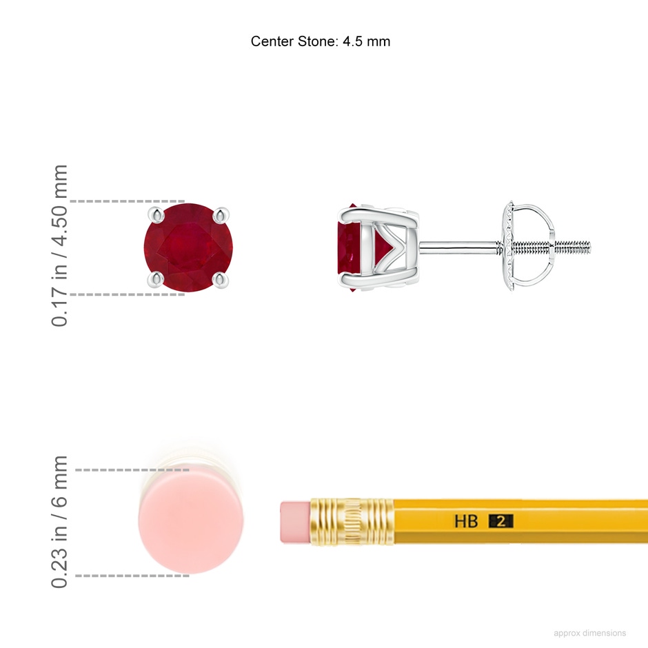 4.5mm AA Vintage Style Round Ruby Solitaire Stud Earrings in P950 Platinum ruler