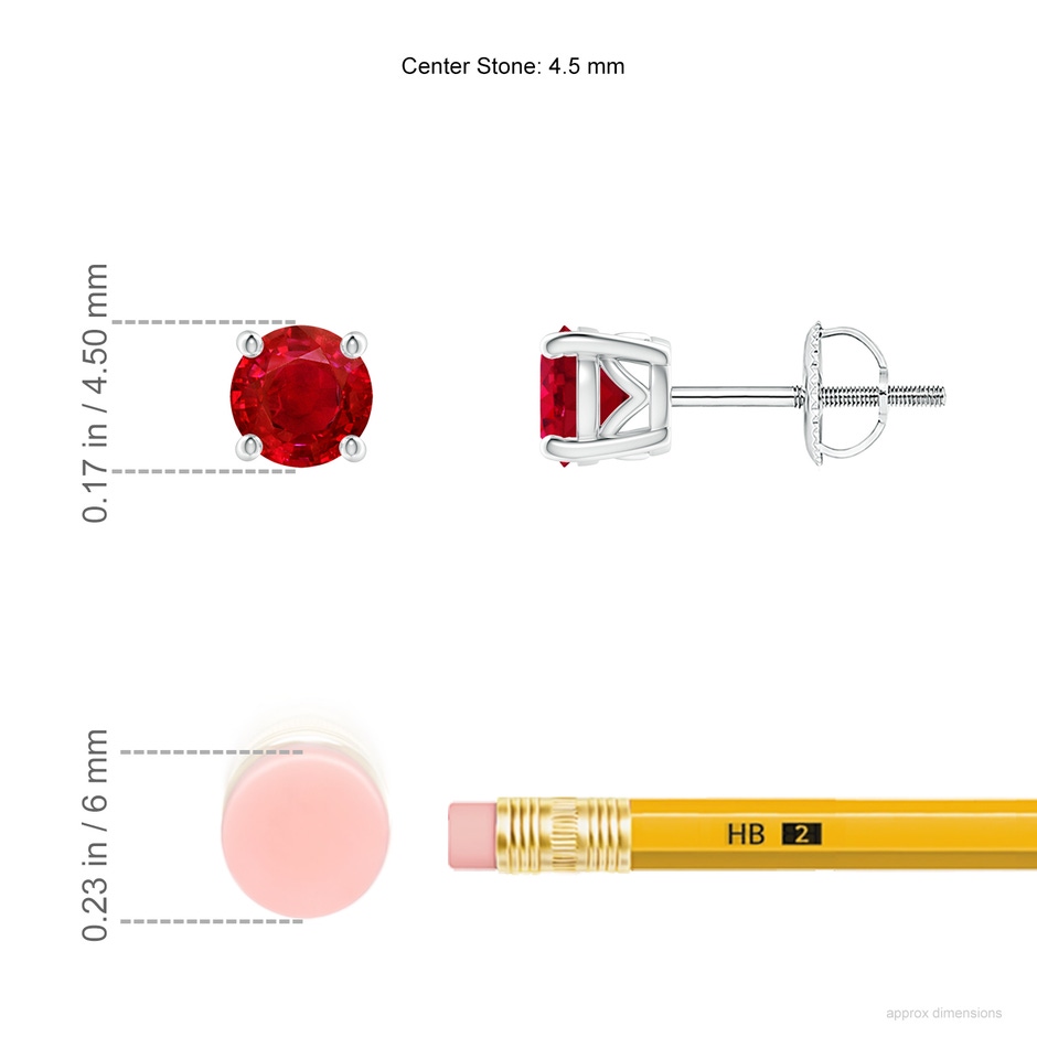 4.5mm AAA Vintage Style Round Ruby Solitaire Stud Earrings in P950 Platinum ruler