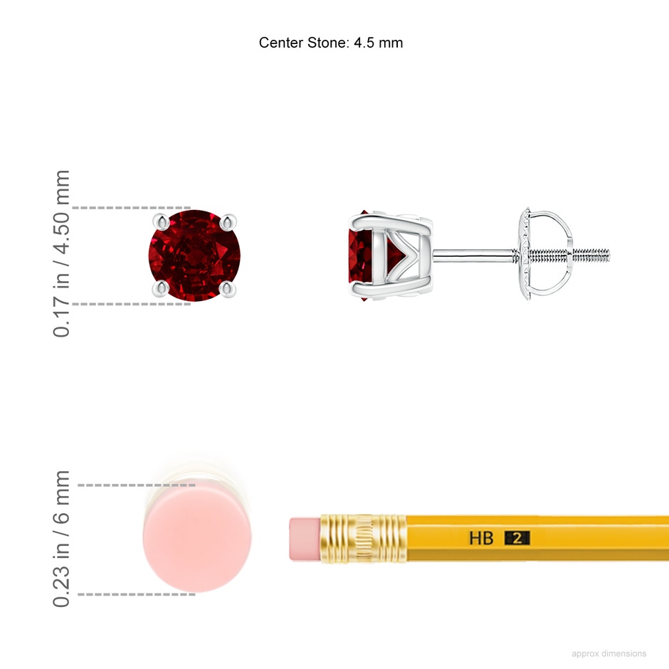 4.5mm AAAA Vintage Style Round Ruby Solitaire Stud Earrings in 18K White Gold ruler