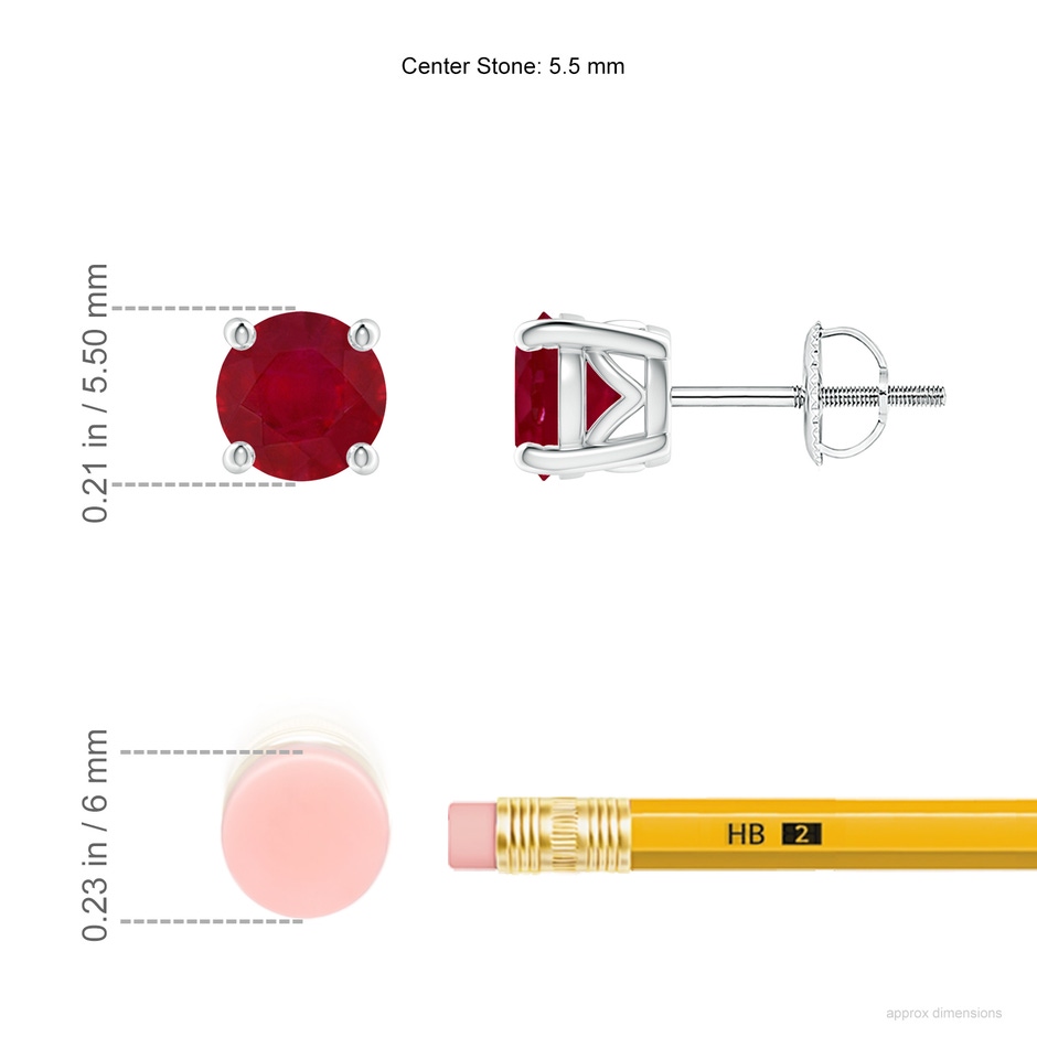5.5mm AA Vintage Style Round Ruby Solitaire Stud Earrings in White Gold ruler