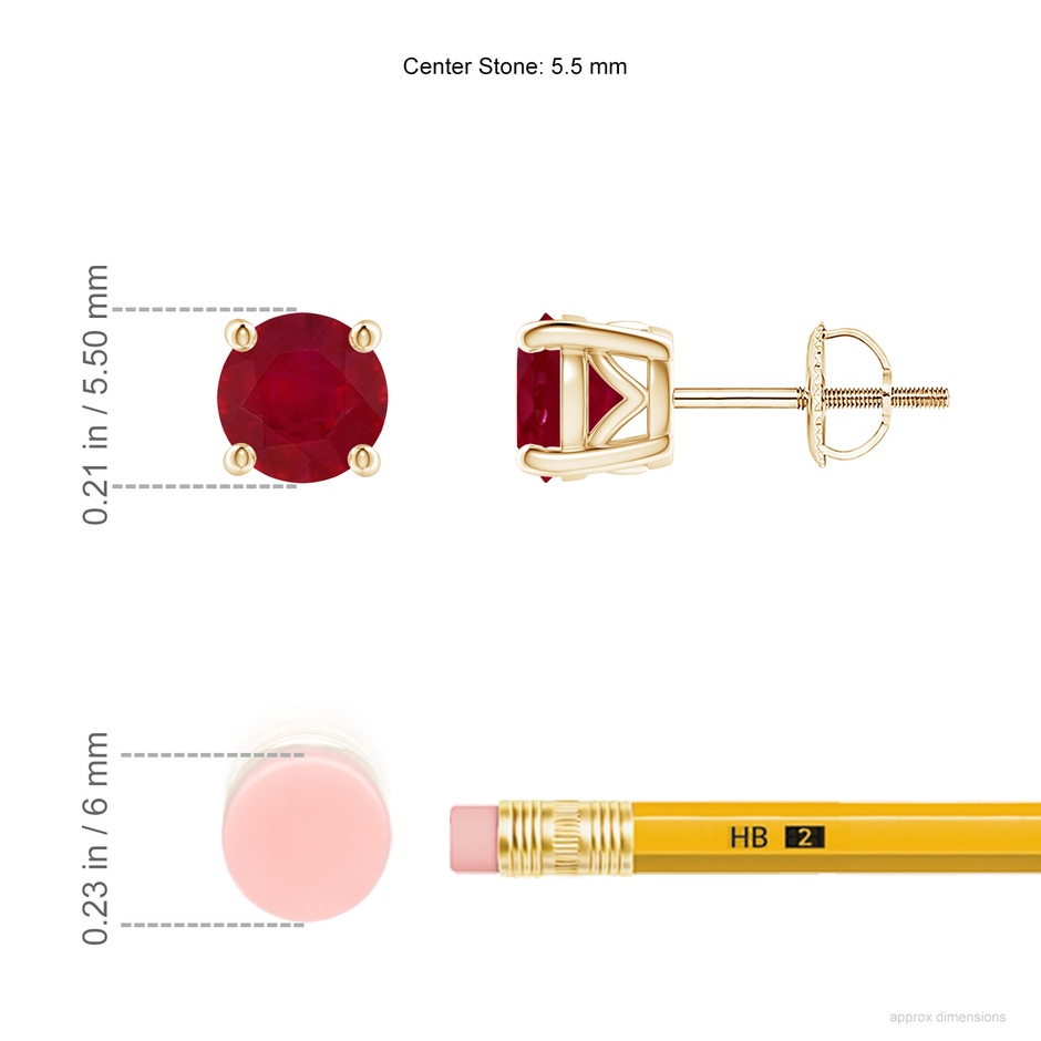 5.5mm AA Vintage Style Round Ruby Solitaire Stud Earrings in Yellow Gold ruler
