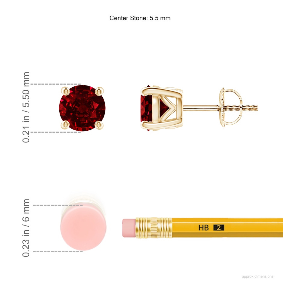 5.5mm AAAA Vintage Style Round Ruby Solitaire Stud Earrings in Yellow Gold ruler