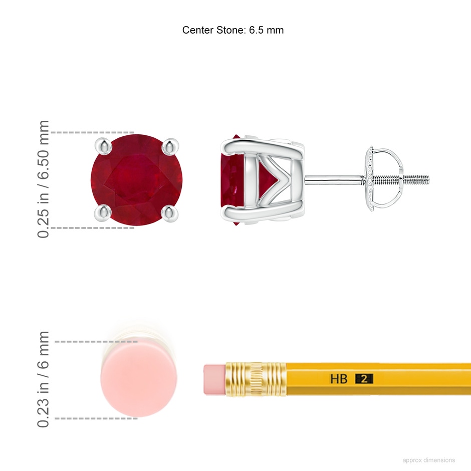 6.5mm AA Vintage Style Round Ruby Solitaire Stud Earrings in P950 Platinum ruler