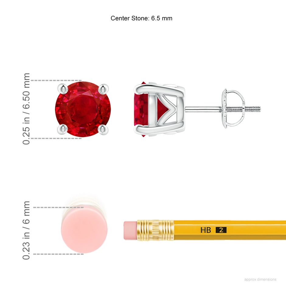6.5mm AAA Vintage Style Round Ruby Solitaire Stud Earrings in P950 Platinum ruler