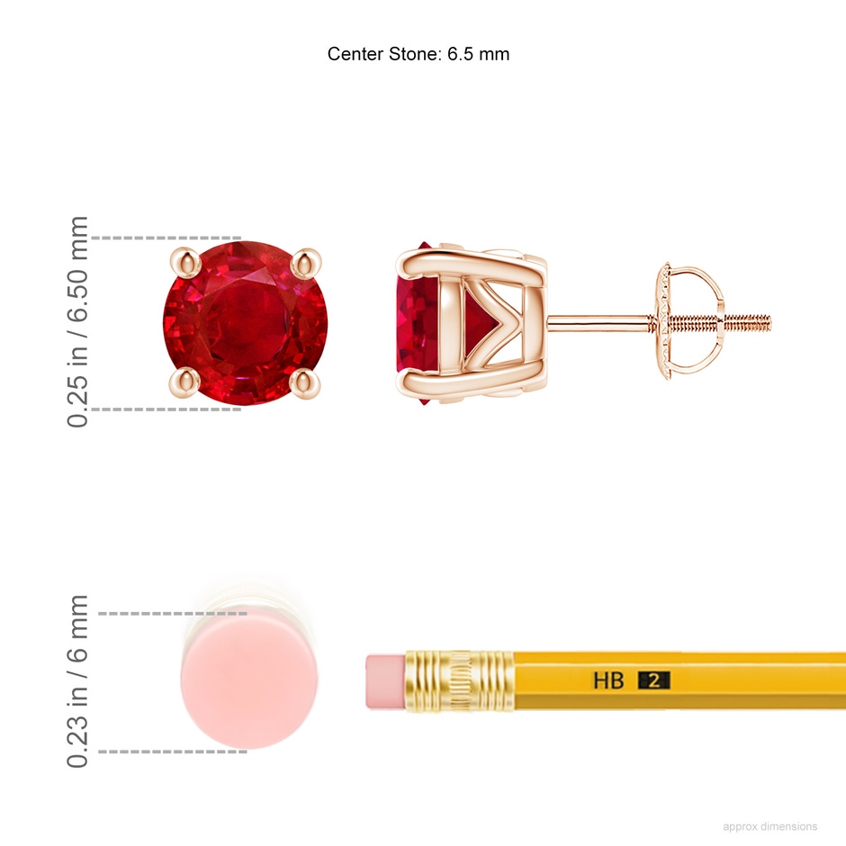 6.5mm AAA Vintage Style Round Ruby Solitaire Stud Earrings in Rose Gold ruler