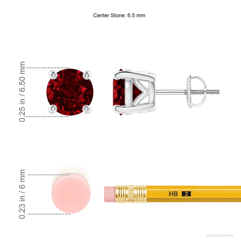 6.5mm AAAA Vintage Style Round Ruby Solitaire Stud Earrings in P950 Platinum ruler