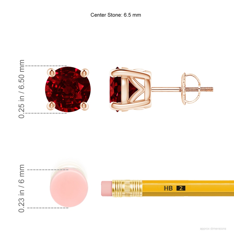 6.5mm AAAA Vintage Style Round Ruby Solitaire Stud Earrings in Rose Gold ruler