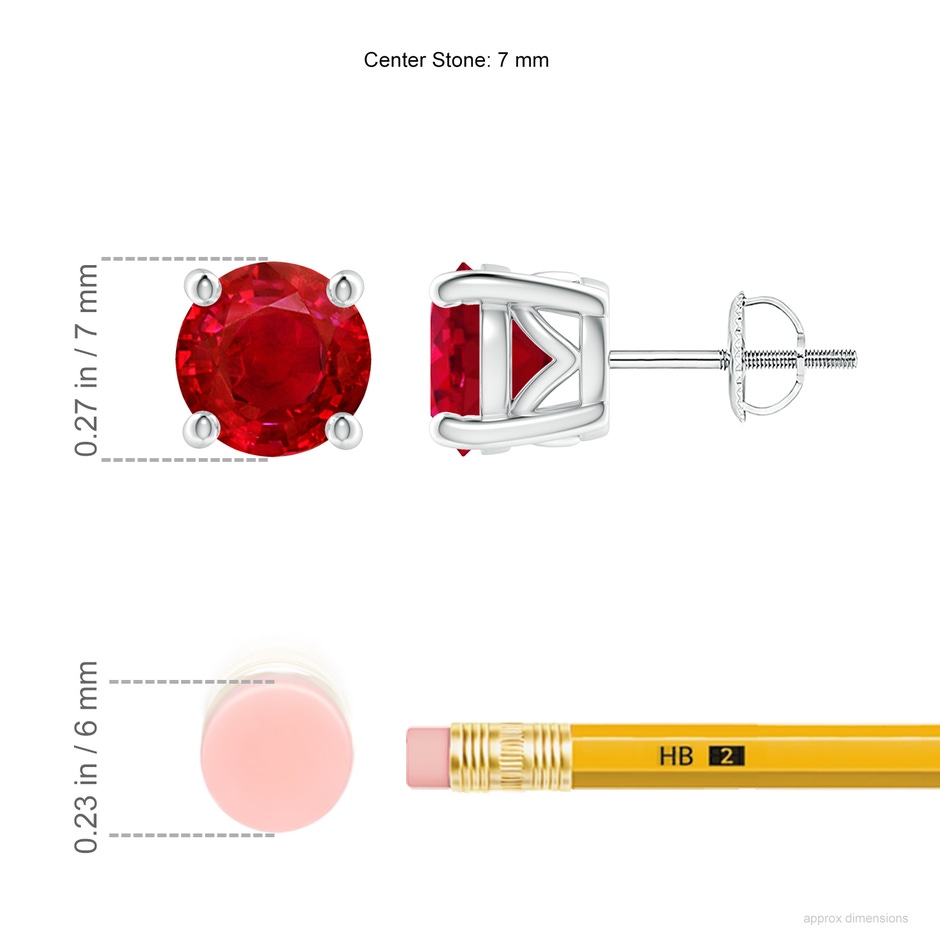 7mm AAA Vintage Style Round Ruby Solitaire Stud Earrings in P950 Platinum ruler