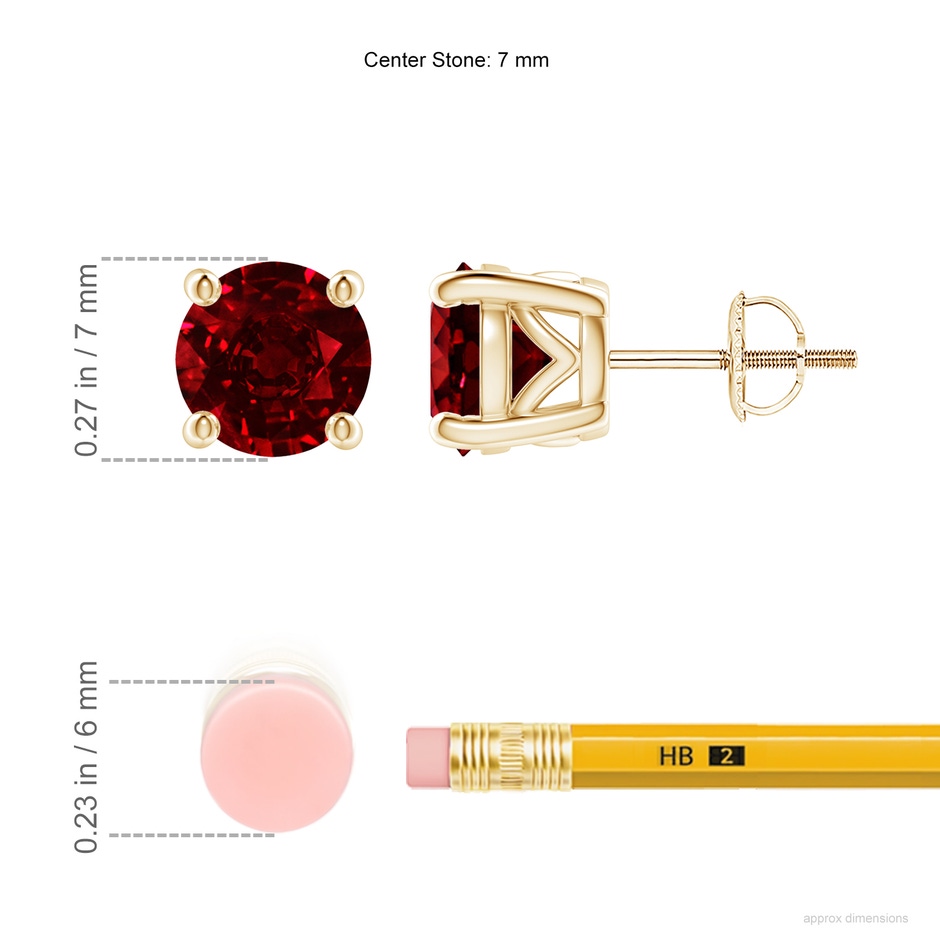 7mm AAAA Vintage Style Round Ruby Solitaire Stud Earrings in Yellow Gold ruler