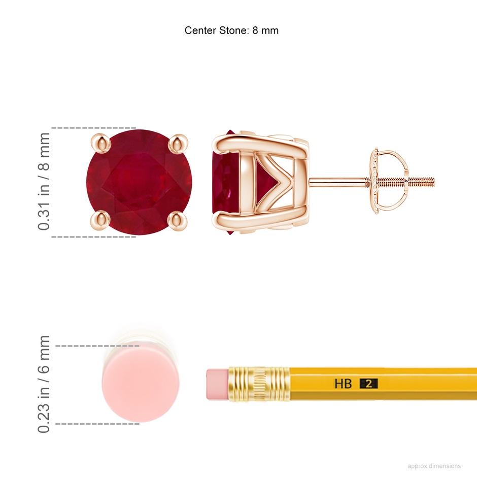 8mm AA Vintage Style Round Ruby Solitaire Stud Earrings in Rose Gold ruler