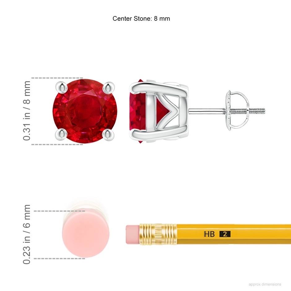8mm AAA Vintage Style Round Ruby Solitaire Stud Earrings in P950 Platinum ruler