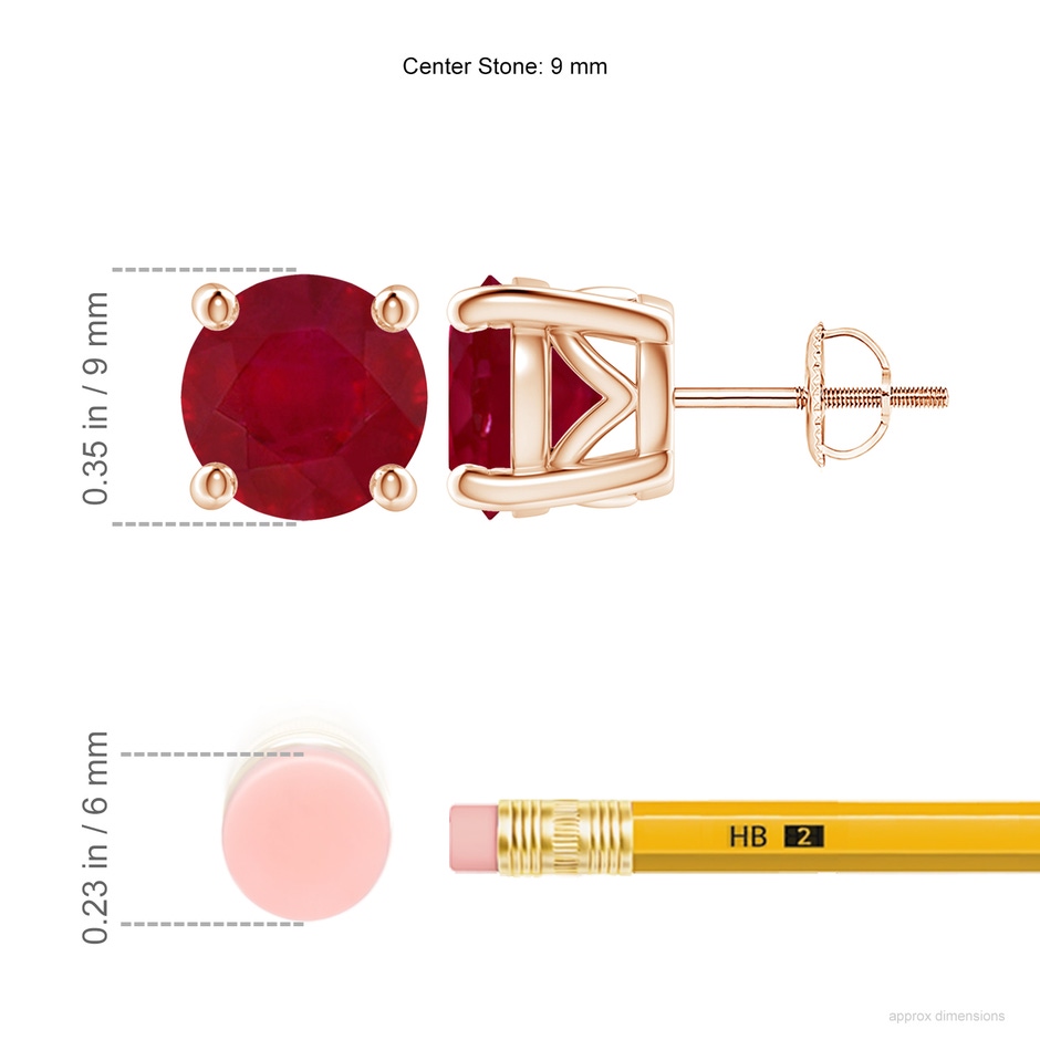 9mm AA Vintage Style Round Ruby Solitaire Stud Earrings in Rose Gold ruler
