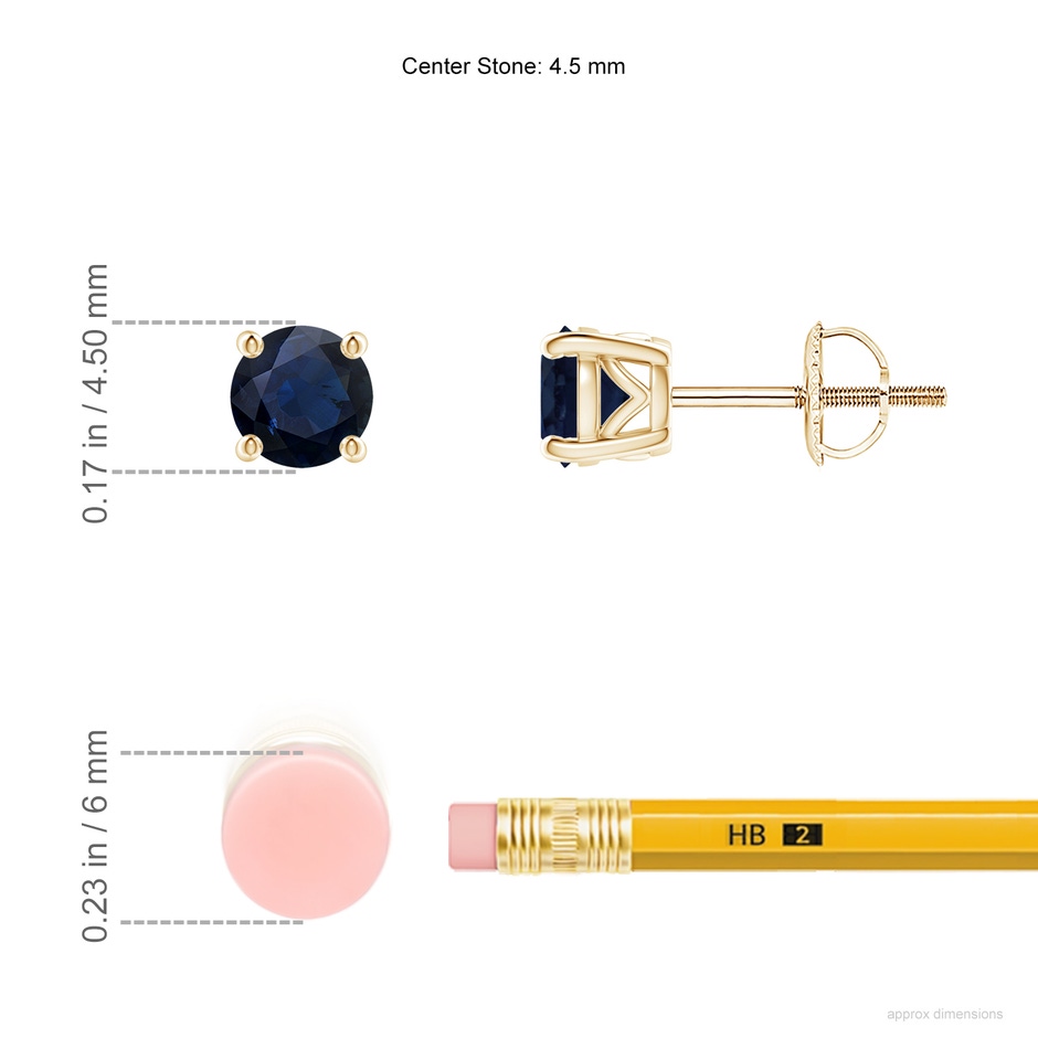4.5mm A Vintage Style Round Blue Sapphire Solitaire Stud Earrings in Yellow Gold ruler