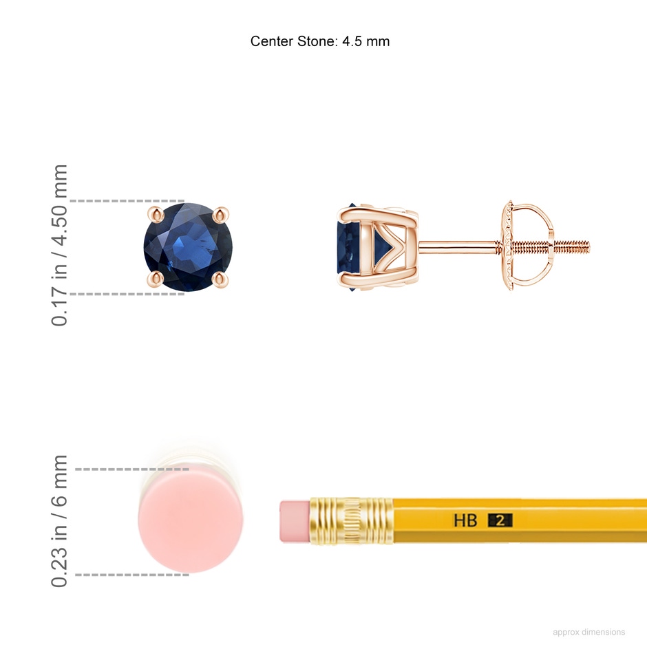 4.5mm AA Vintage Style Round Blue Sapphire Solitaire Stud Earrings in Rose Gold ruler