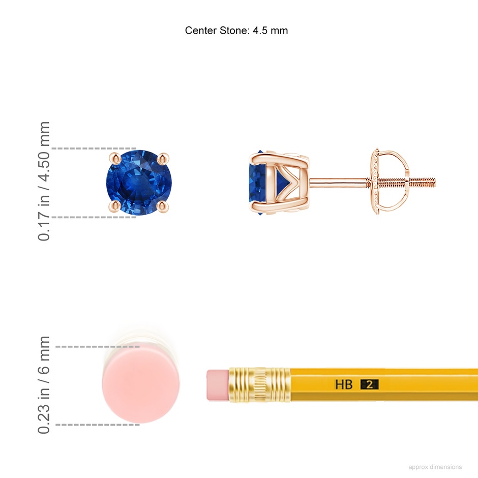 4.5mm AAA Vintage Style Round Blue Sapphire Solitaire Stud Earrings in Rose Gold ruler