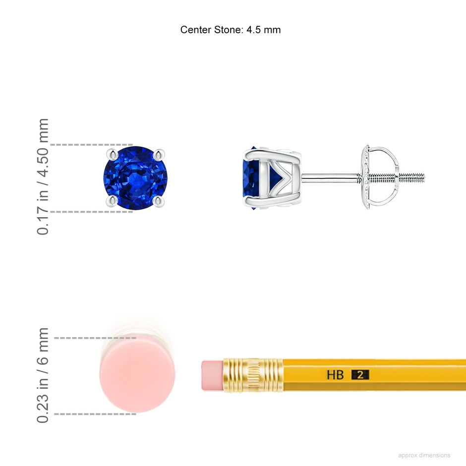 4.5mm AAAA Vintage Style Round Blue Sapphire Solitaire Stud Earrings in P950 Platinum ruler