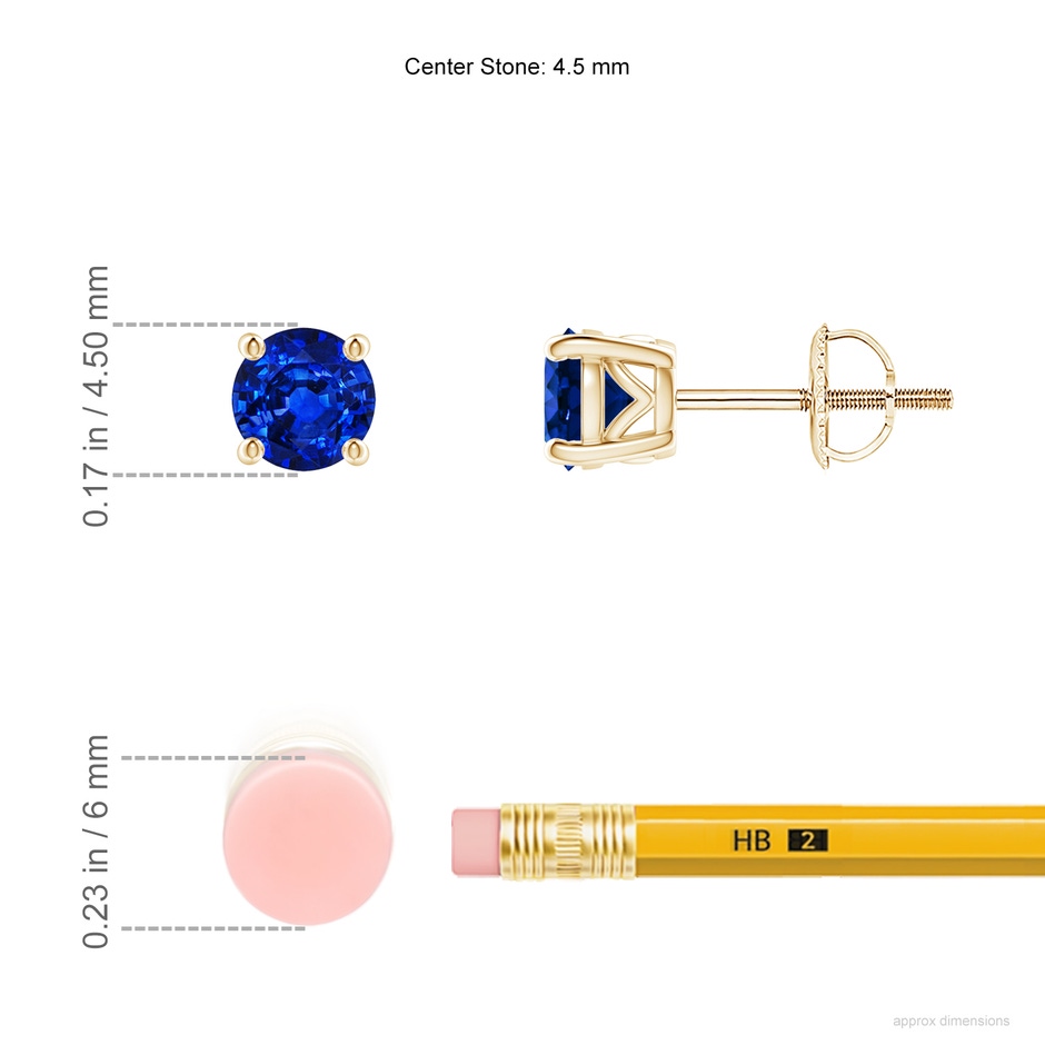 4.5mm AAAA Vintage Style Round Blue Sapphire Solitaire Stud Earrings in Yellow Gold ruler