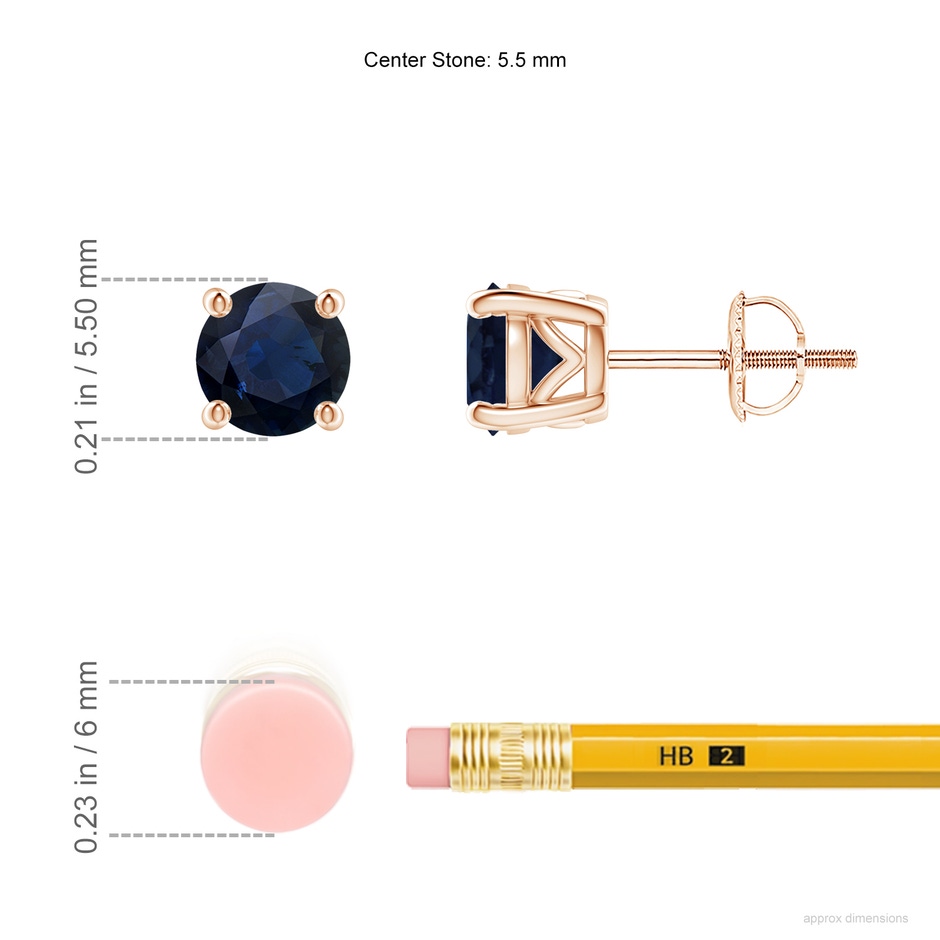5.5mm A Vintage Style Round Blue Sapphire Solitaire Stud Earrings in Rose Gold ruler