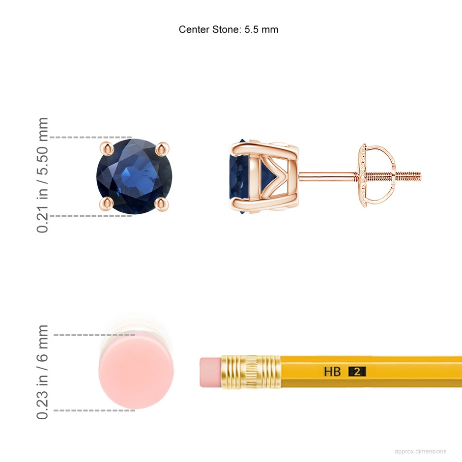 5.5mm AA Vintage Style Round Blue Sapphire Solitaire Stud Earrings in Rose Gold ruler