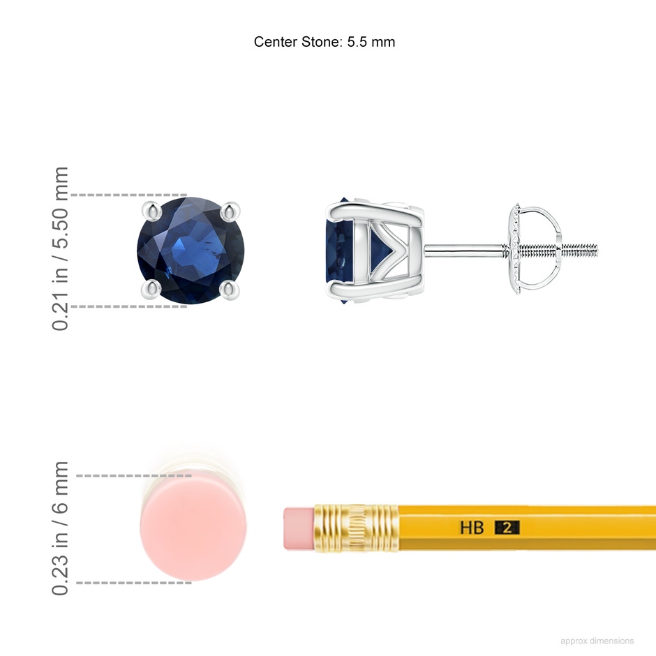 5.5mm AA Vintage Style Round Blue Sapphire Solitaire Stud Earrings in White Gold ruler