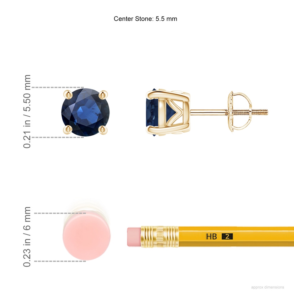 5.5mm AA Vintage Style Round Blue Sapphire Solitaire Stud Earrings in Yellow Gold ruler