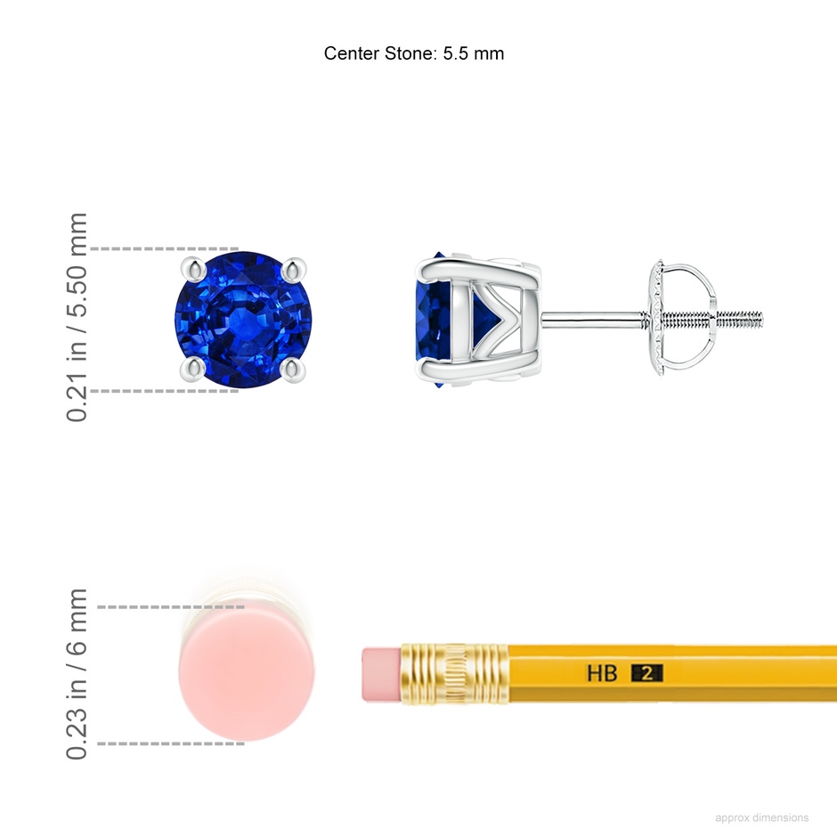 5.5mm AAAA Vintage Style Round Blue Sapphire Solitaire Stud Earrings in White Gold ruler
