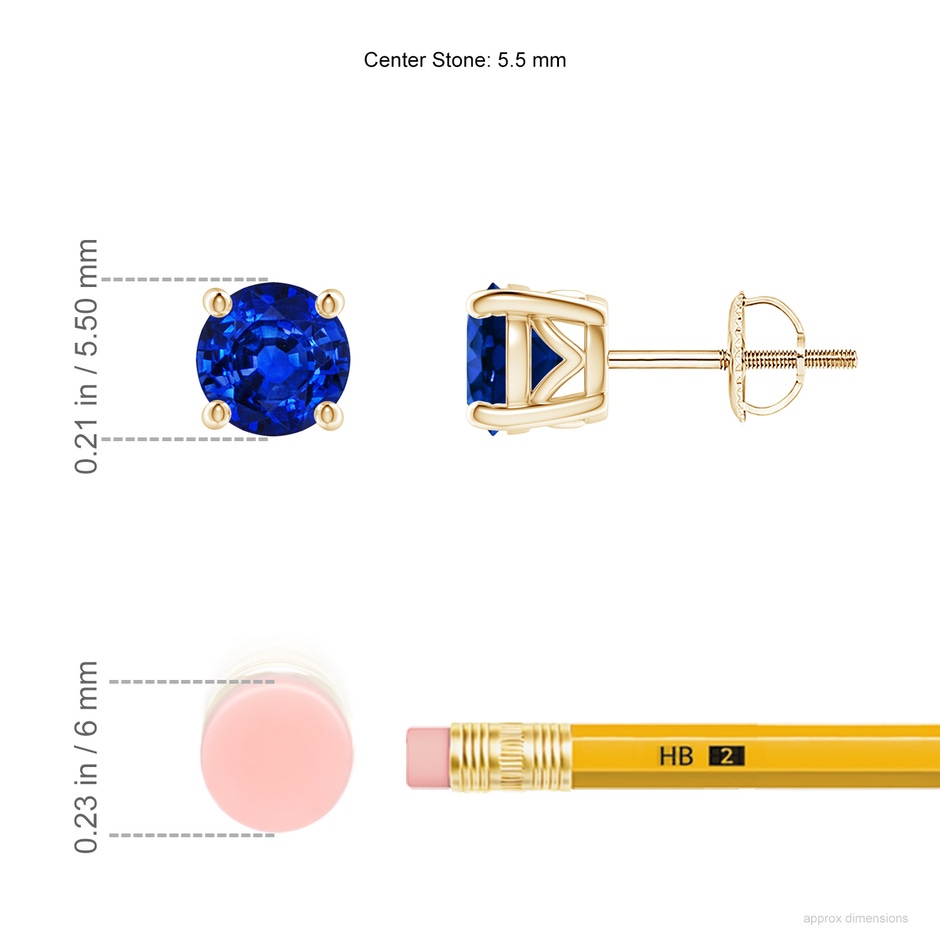 5.5mm AAAA Vintage Style Round Blue Sapphire Solitaire Stud Earrings in Yellow Gold ruler