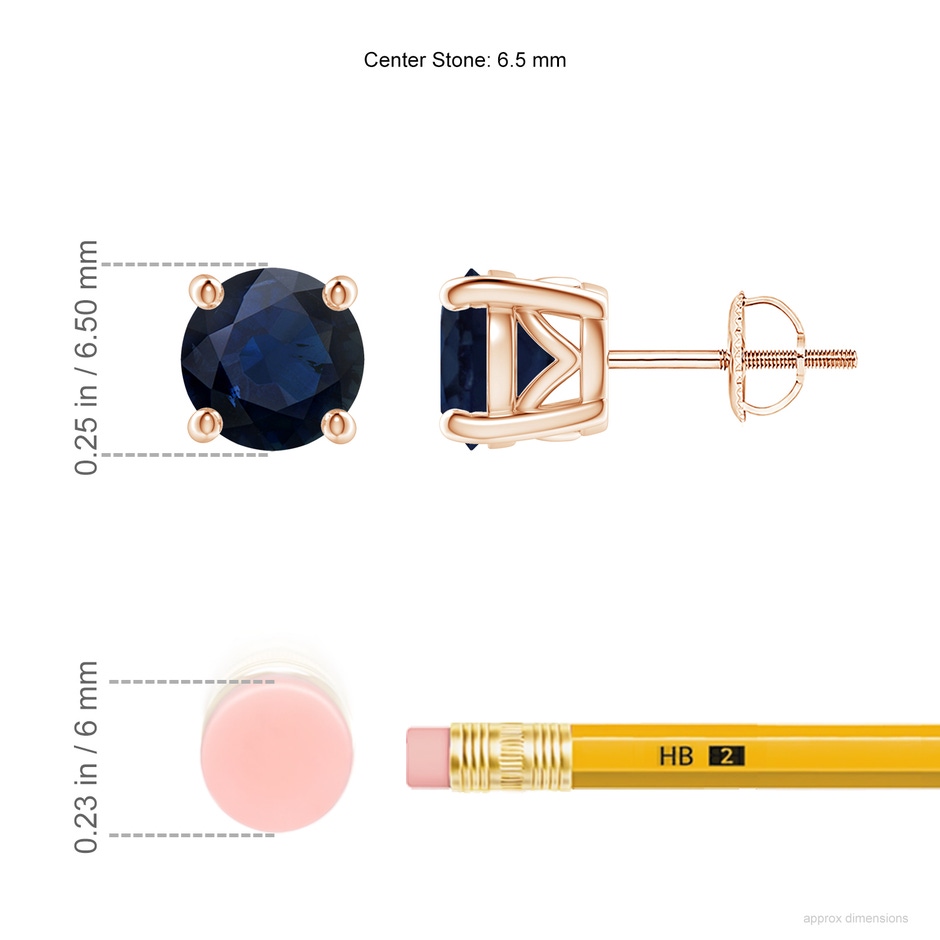 6.5mm A Vintage Style Round Blue Sapphire Solitaire Stud Earrings in Rose Gold ruler